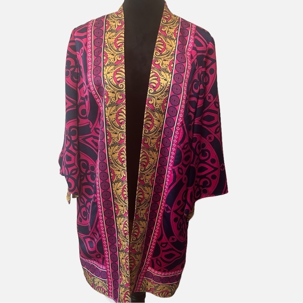 Chicos 1 (Medium/8) Women’s Open Front Kimono Jacket Pink Navy Boho Coastal